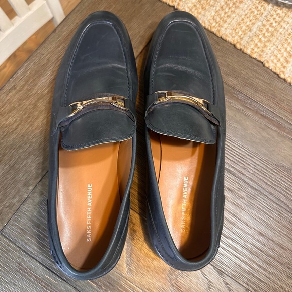Saks‎ Fifth Avenue Firenze Leather Loafers Dress Shoes Gold Accent Navy 13M - Picture 6 of 11